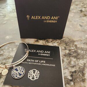 Alex and Ani Bangle Bracelet Path of‎ Life Silver with Blue & Silver Charm New